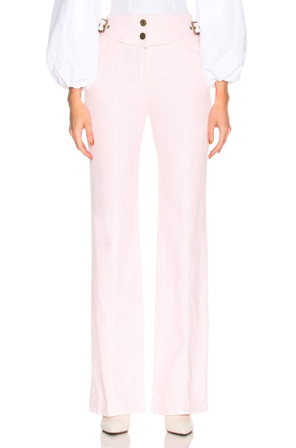 Image 1 of Chloe Bleached Denim Belted High Waisted Jeans in Peach Blush