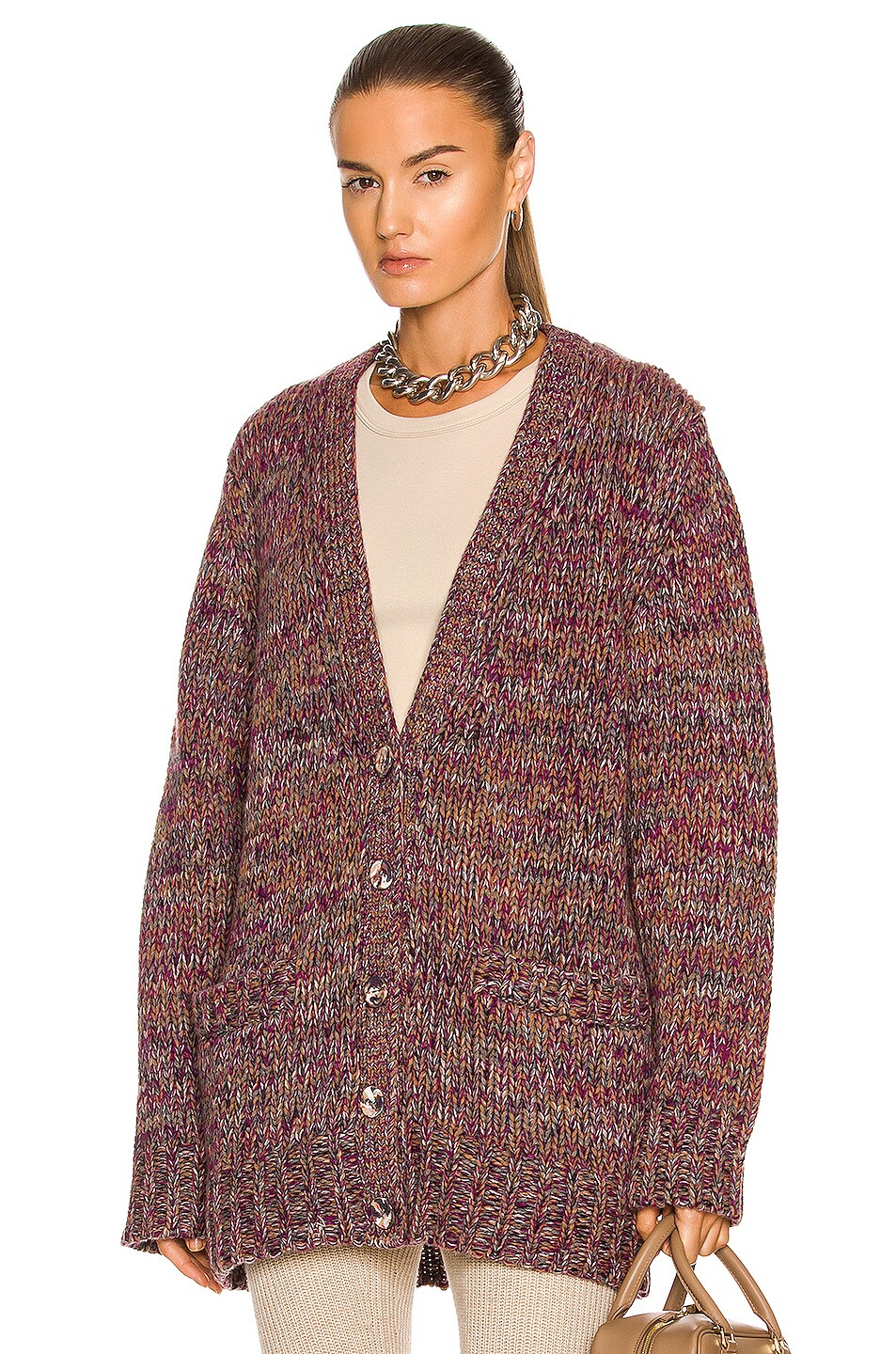 Image 1 of Chloe Tweed Cashmere Wool Knit Cardigan in Multicolor Purple