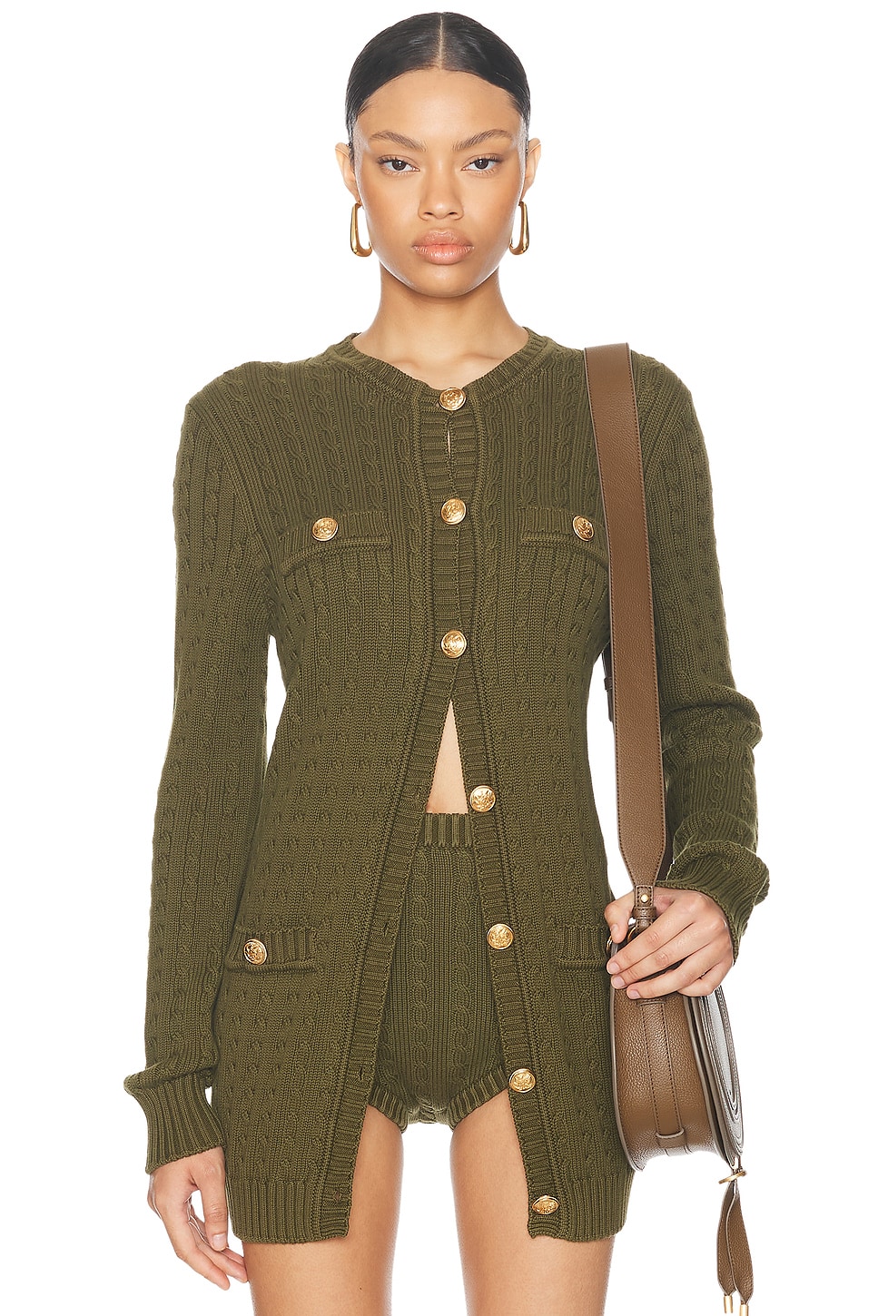 Image 1 of Chloe Buttoned Cable Knit Long Cardigan in Olive Tree