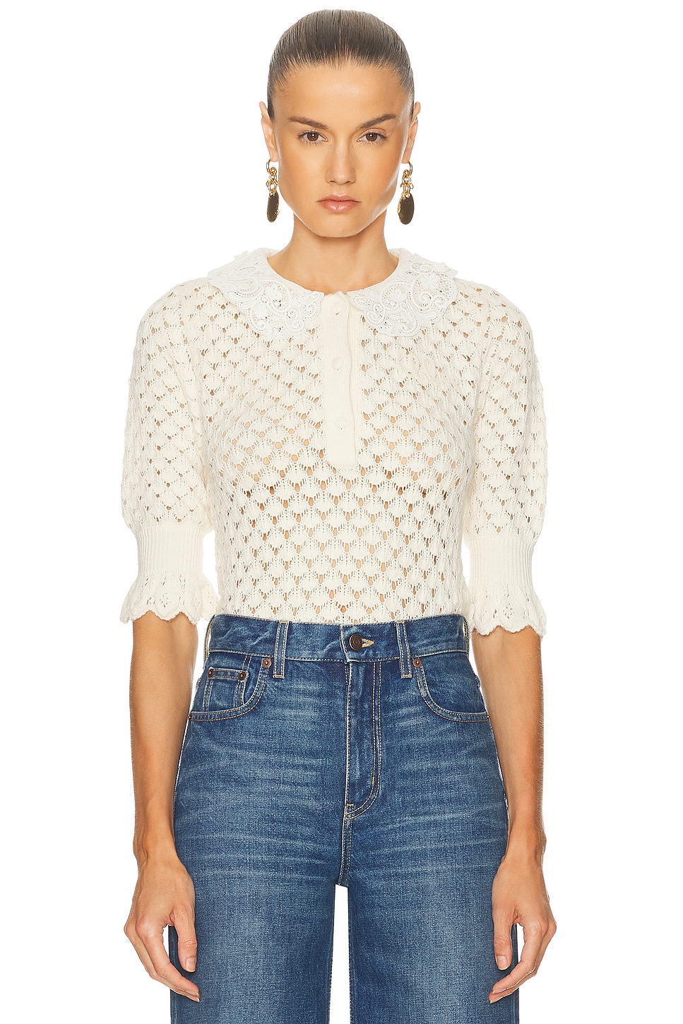Silk Cotton Pointelle Short Sleeve Sweater in Cream