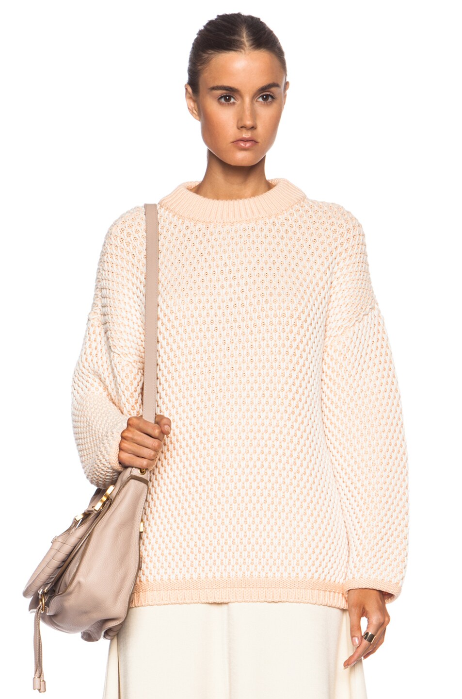 Image 1 of Chloe Structured Cotton Knit Oversized Cotton-Blend Sweater in Eggshell & Fresh Pink