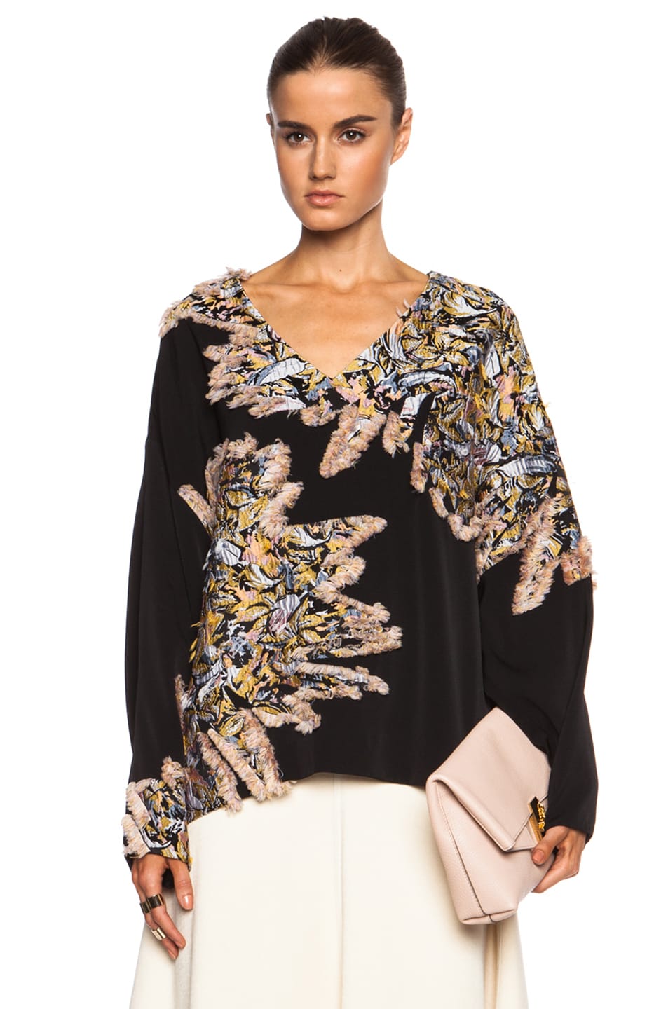 Image 1 of Chloe Sparkling Viscose-Blend Jacquard V Neck Sweater in Black & Multi