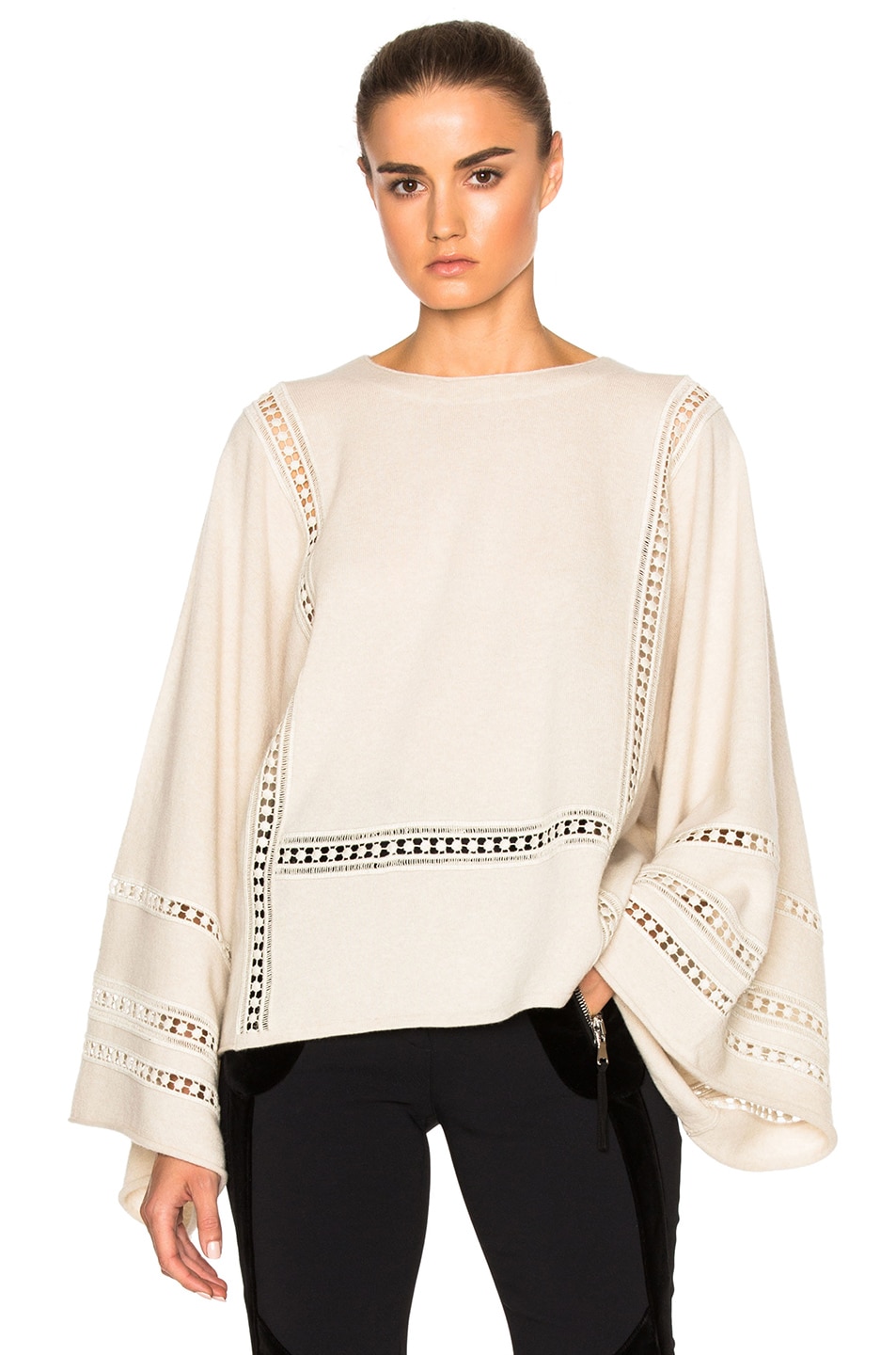 Image 1 of Chloe Lace Inset Merino & Cashmere Sweater in Beige