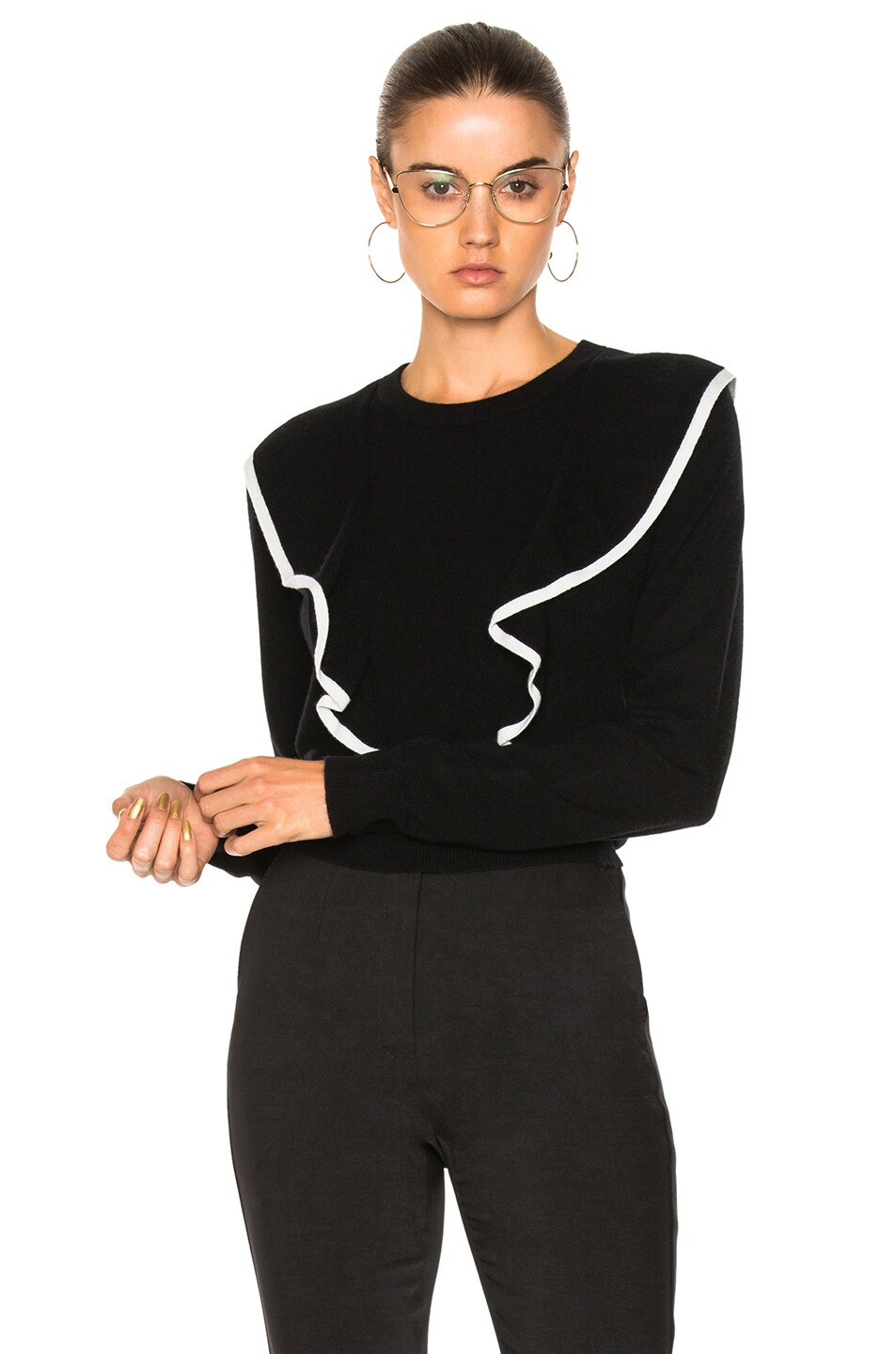 Image 1 of Chloe Cashmere Cotton Ruffle Front Sweater in Black