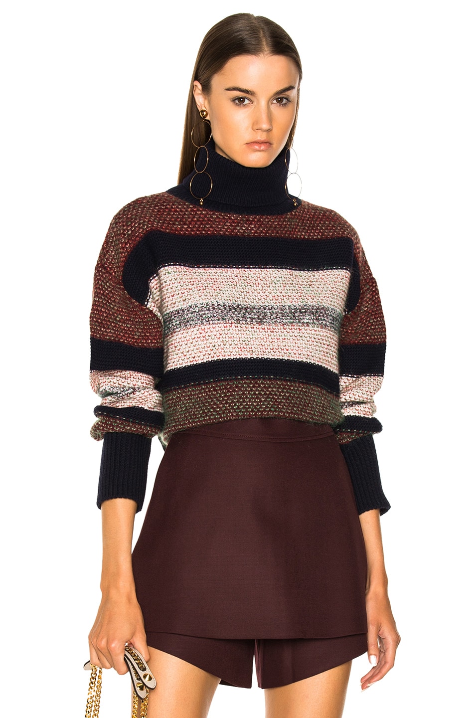 Image 1 of Chloe Color Block Tweed Turtleneck Sweater in Red Multi
