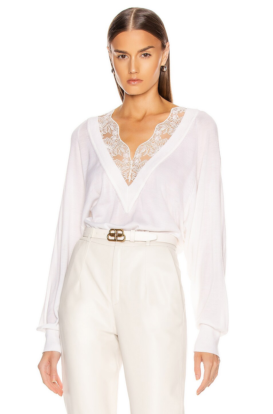 Image 1 of Chloe Lace V Neck Sweater in Iconic Milk