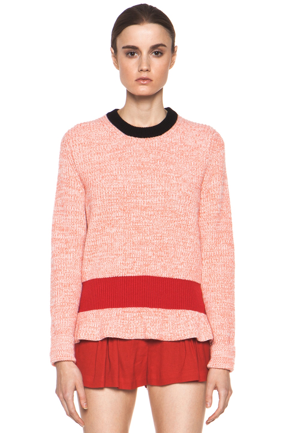 Image 1 of Chloe Cashmere Color Block Rib Sweater in Coral & Red & Navy