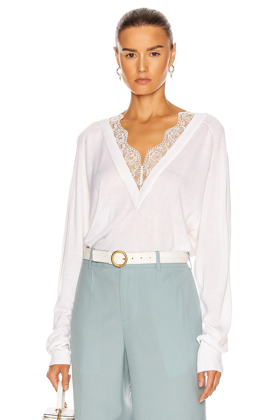 Image 1 of Chloe Lace V Neck Sweater in White Powder