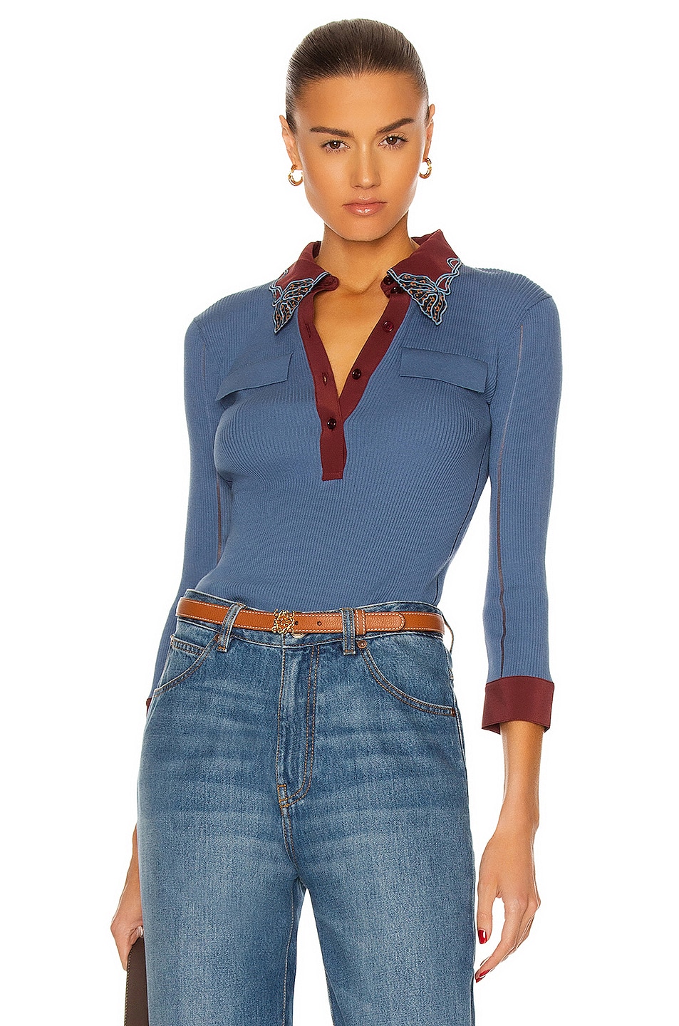 Image 1 of Chloe Embellished Ribbed Knit Sweater in Riviera Blue