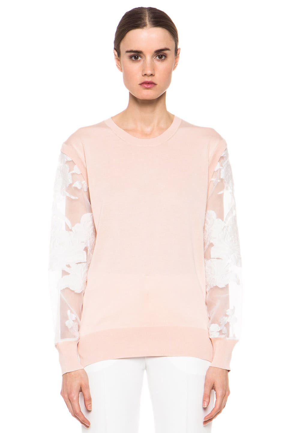 Chloe Flower Sleeve Pullover in Peach & White | FWRD