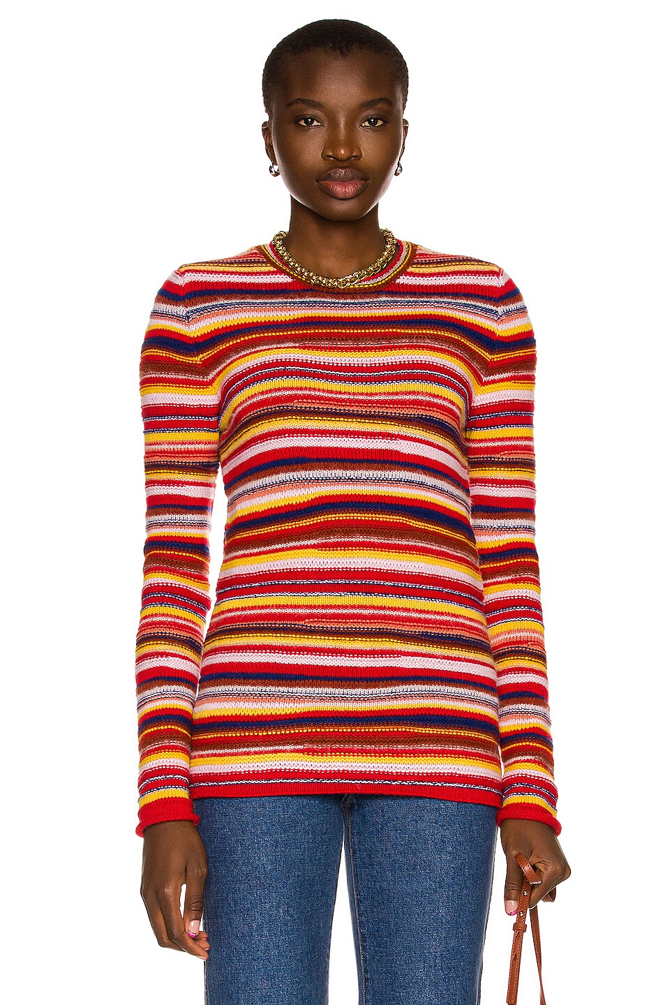Image 1 of Chloe Irregular Stripe Cashmere Knit Sweater in Multicolor Red