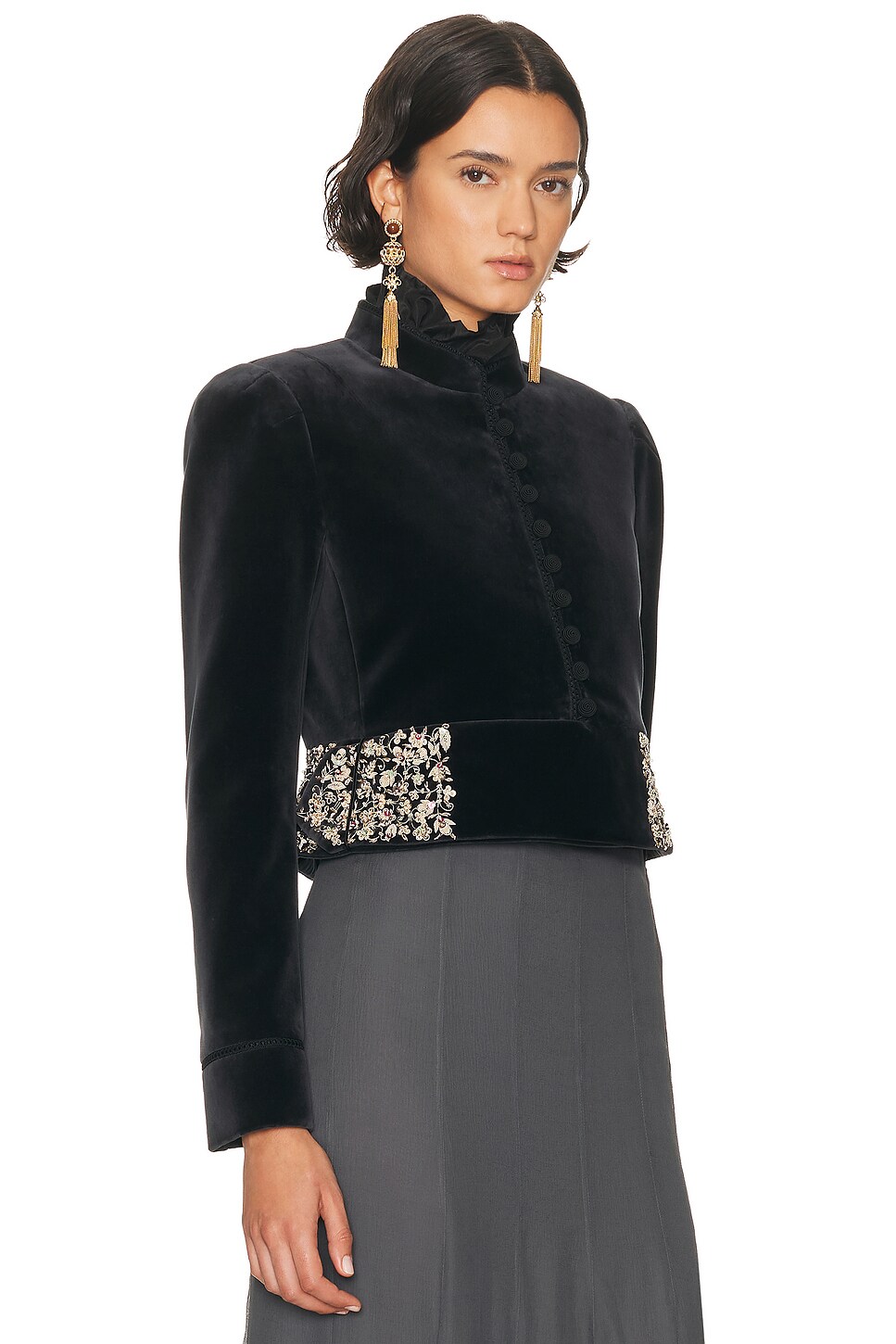 Chloe High Neck Velvet Embroidered Jacket in Ash Black | FWRD