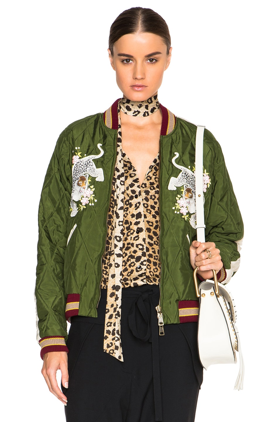 Image 1 of Chloe Technical Satin Bomber Jacket in Deep Green