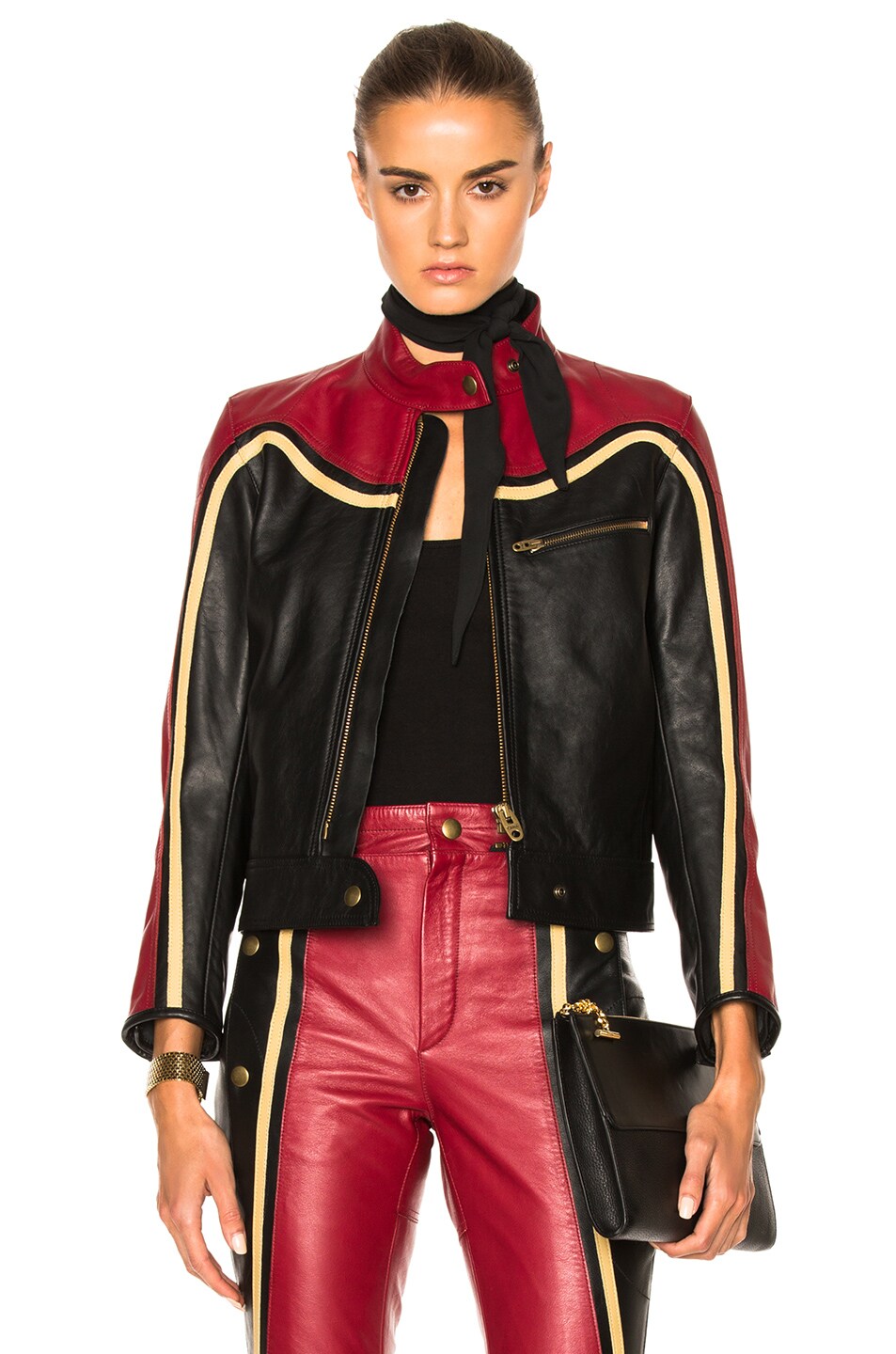 Image 1 of Chloe Leather & Nubuck Biker Jacket in Black & Red