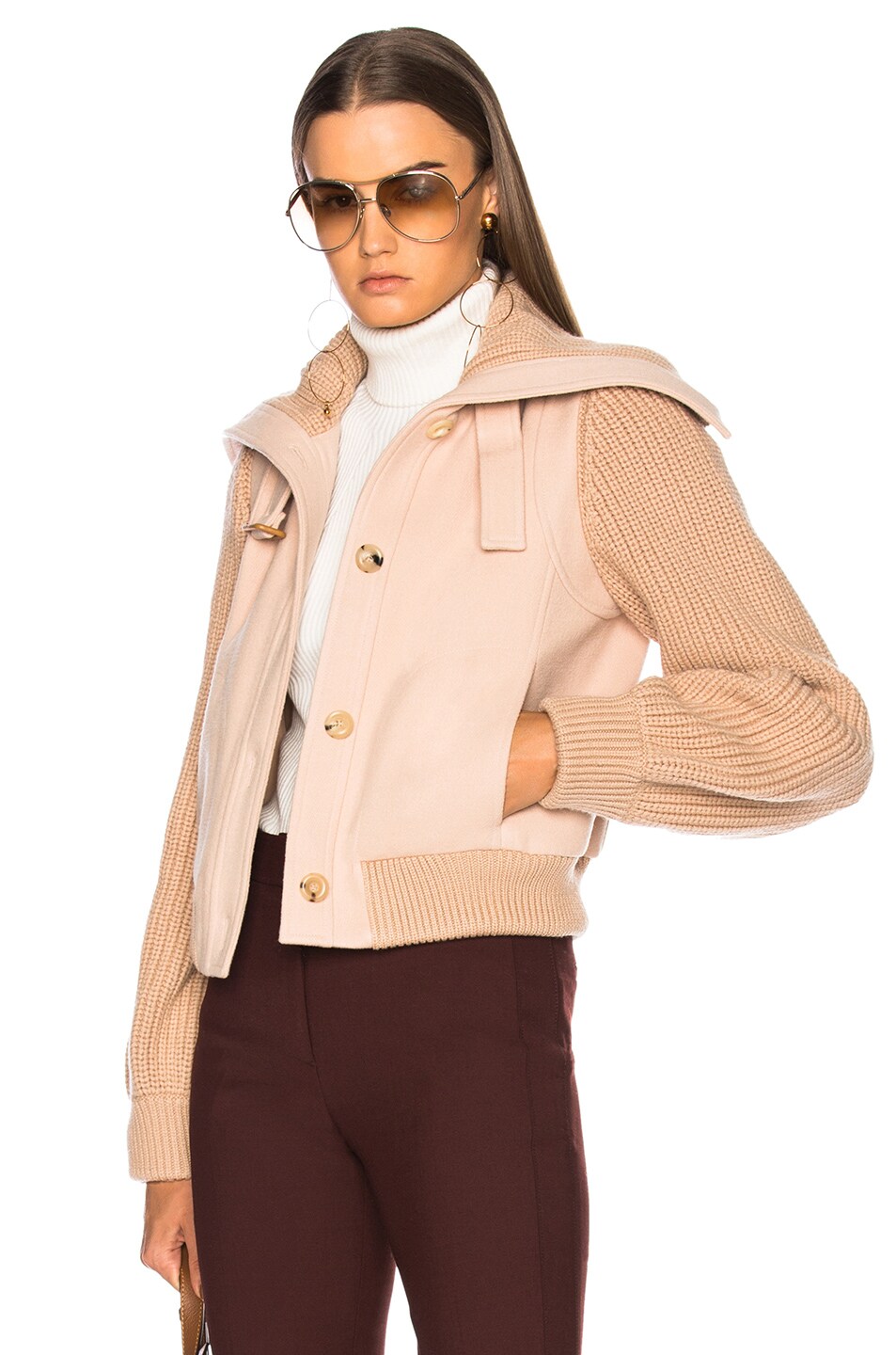 Image 1 of Chloe Soft Brushed Wool Bomber Jacket in Earthy Pink