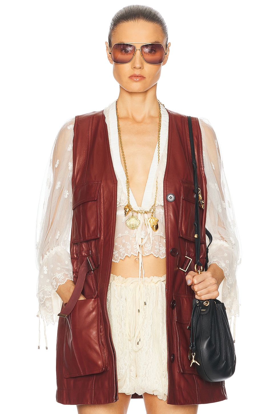Shop Chloé Long Belted Utilitarian Waistcoat