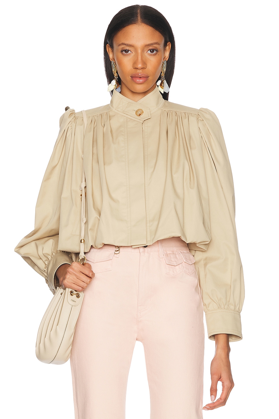Image 1 of Chloe High Collar Cropped Gathered Pleated Sleeves Jacket in Smoky Beige