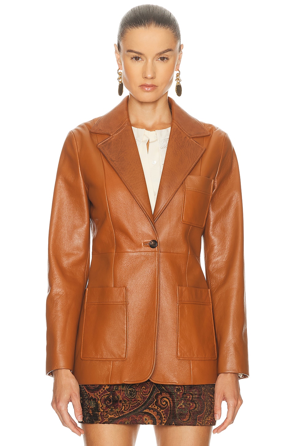 Chloé Structured Leather Blazer Notched Lapel In Brown