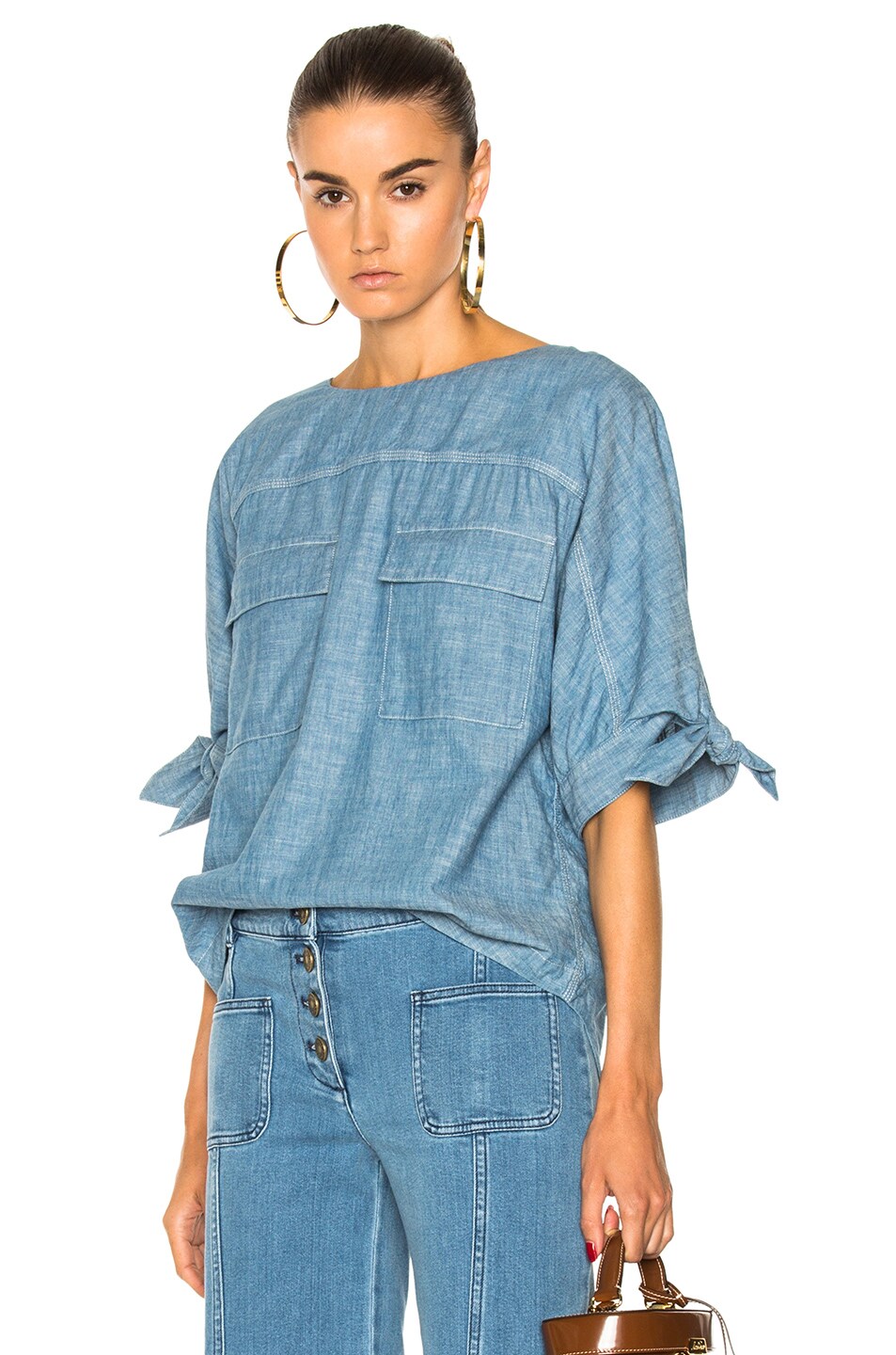 Image 1 of Chloe Chambray Tie Sleeve Top in Paloma Blue