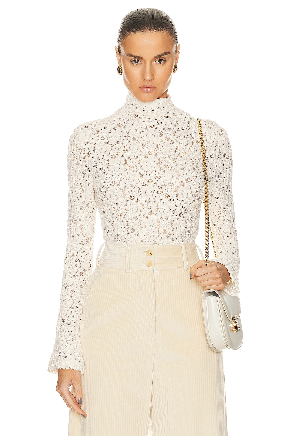 Chloe Lace Turtleneck Top in Dusty White | FWRD