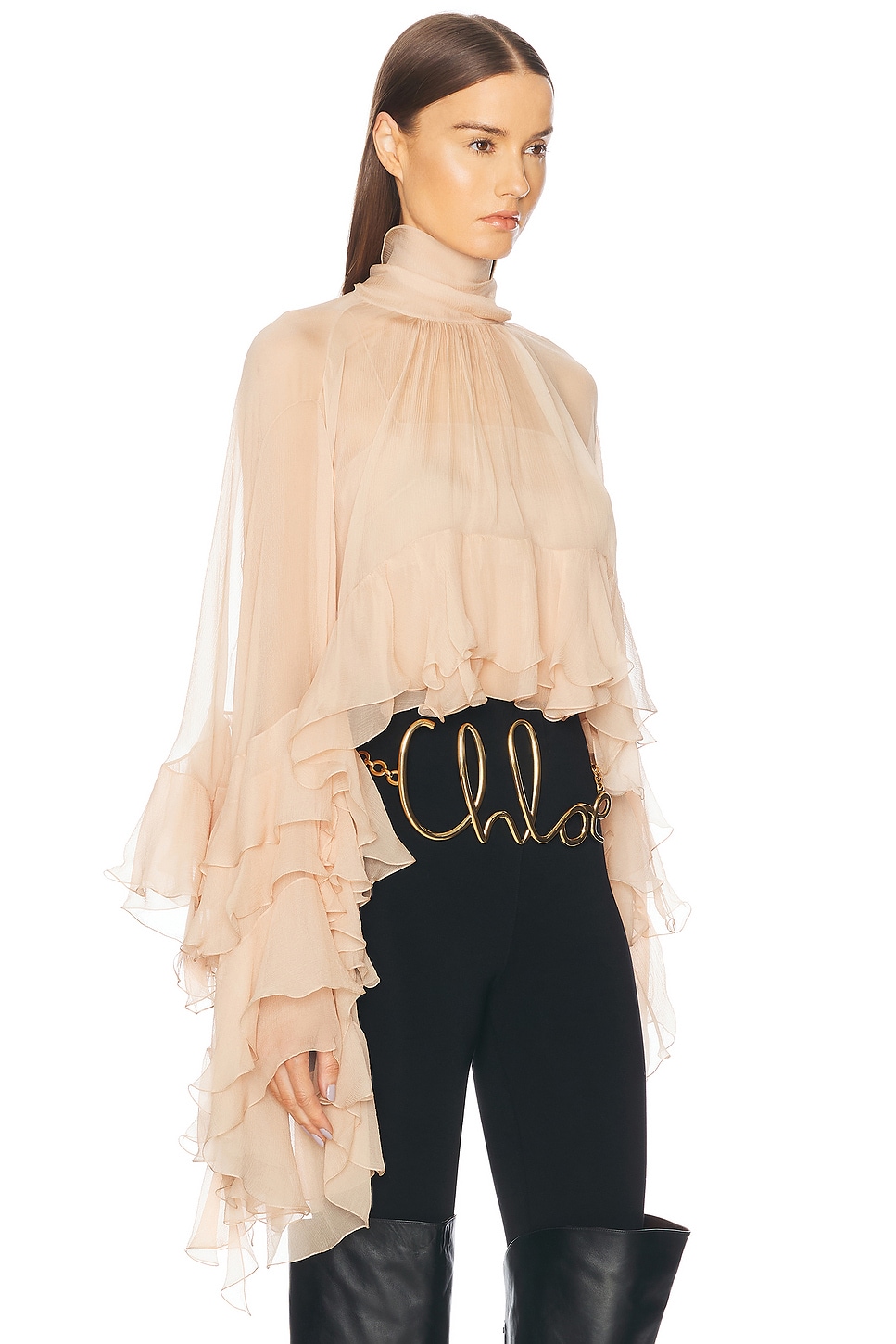 Shop Chloé High Low Ruffle Top In Barley Brown