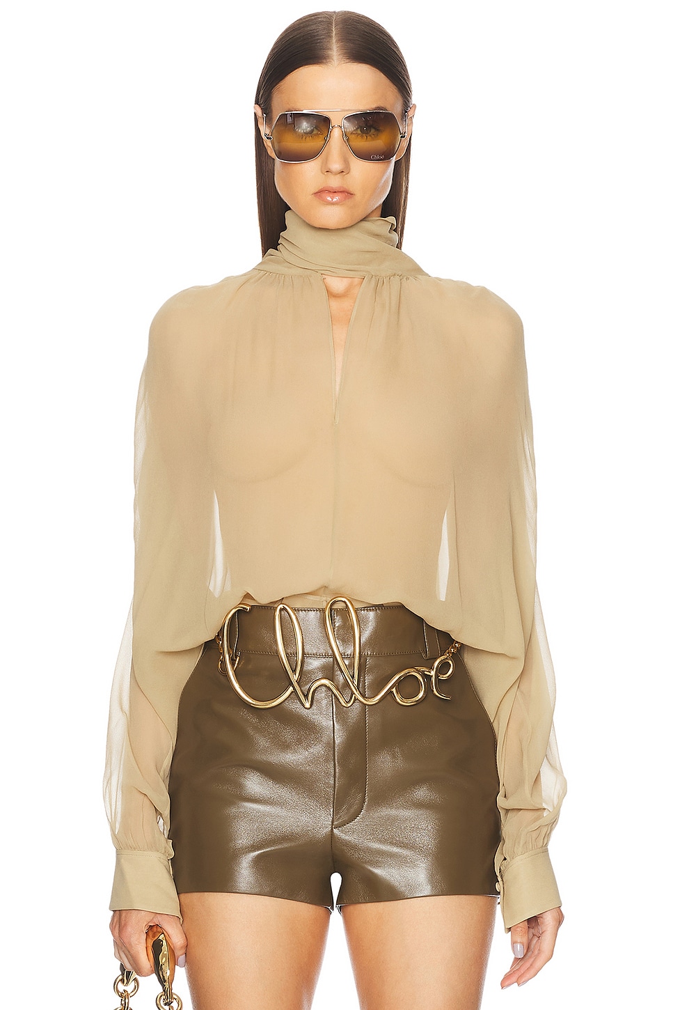 Image 1 of Chloe Silk Georgette Top in Foggy Khaki