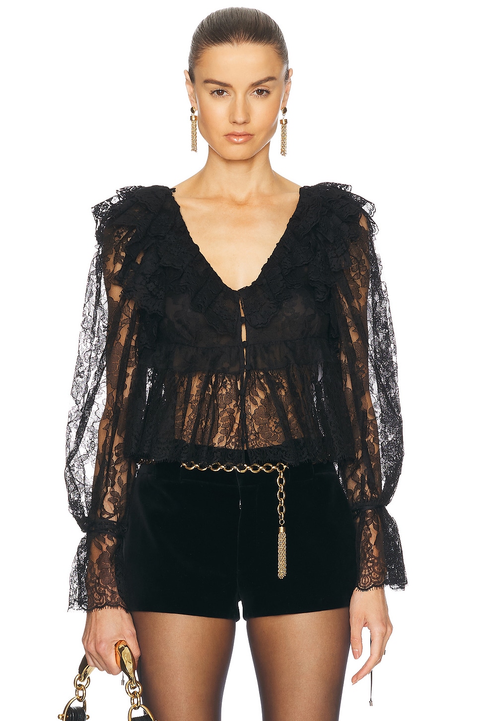 V Neck Ruffle Lace Blouse in Black