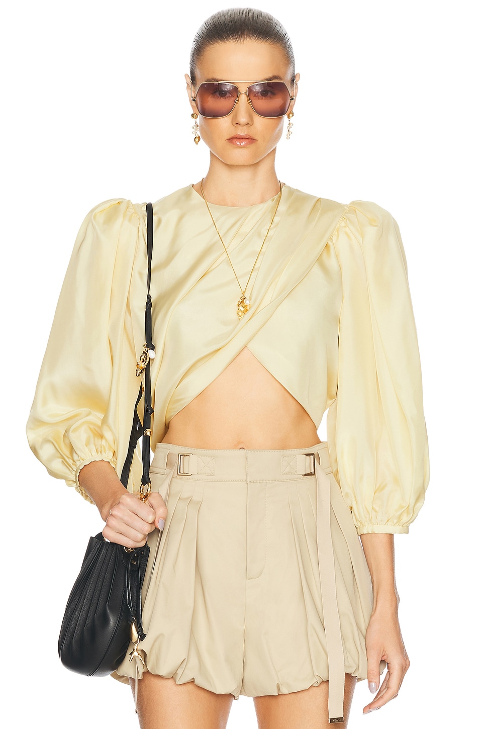 Shop Chloé Cropped Puff Sleeves Draped Top