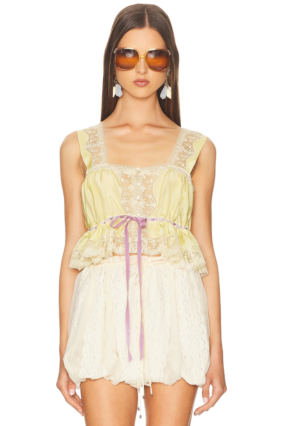 Square Neck Lace Trimmed Tank Top in Yellow
