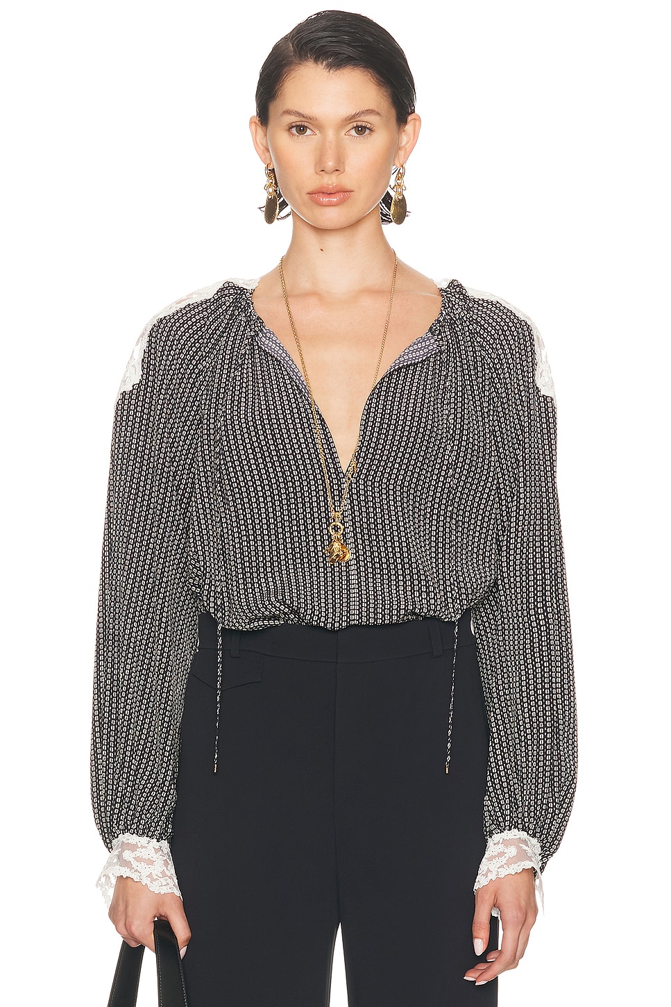 Image 1 of Chloe Geometric Crepe De Chine Blouse in Black & White