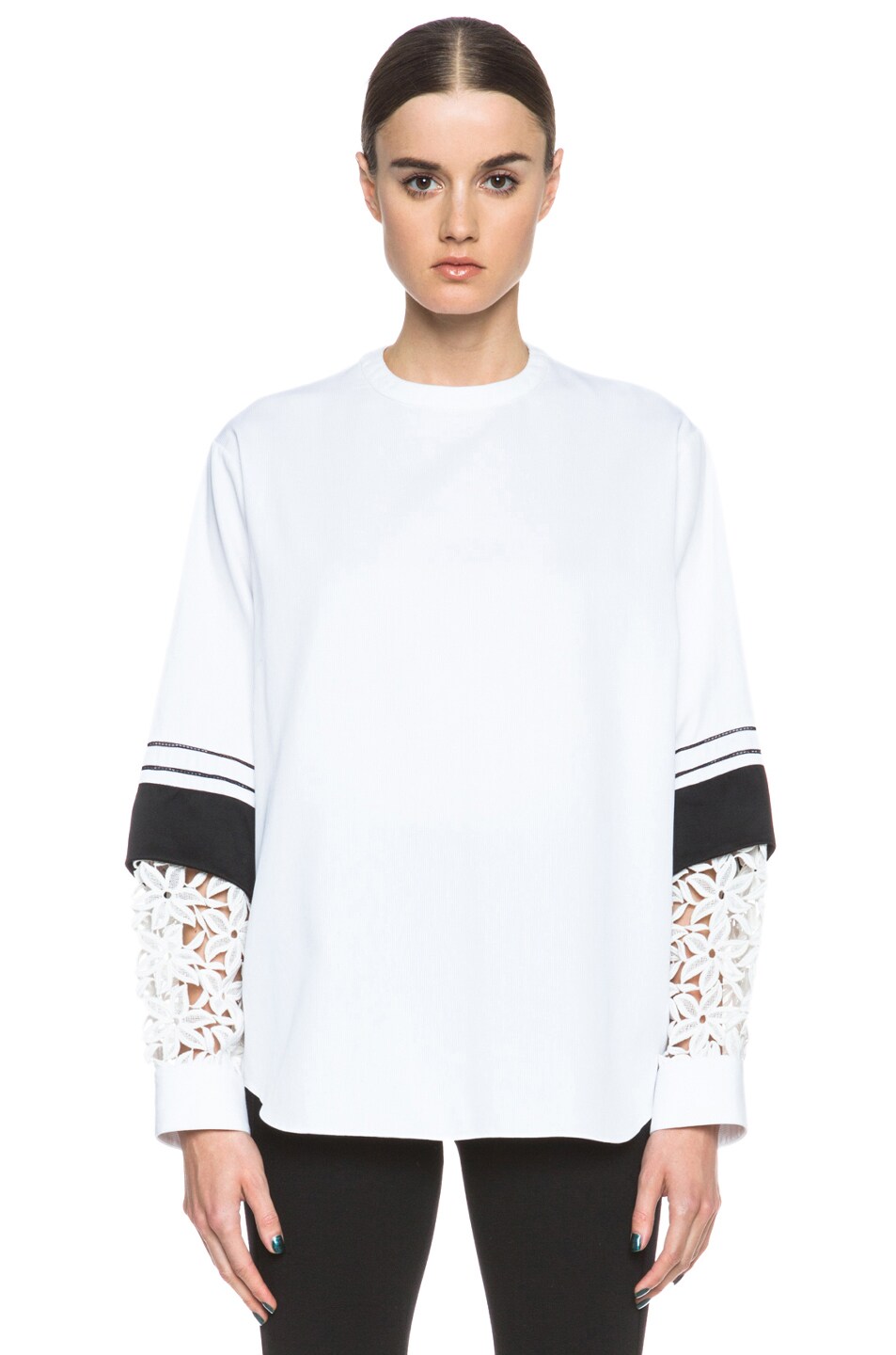 Image 1 of Chloe Cotton Pique Top with Paneled Sleeves in White & Black