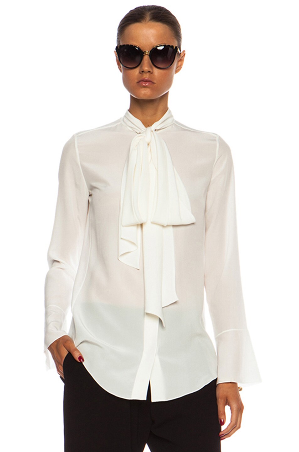 Image 1 of Chloe Bow Front Crepe De Chine Blouse in Milk