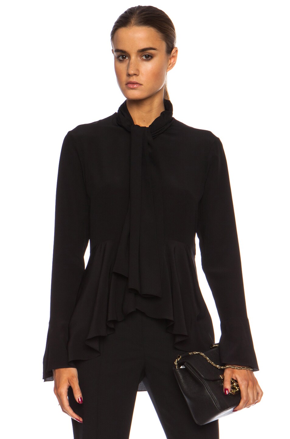 Image 1 of Chloe Tie Front Crepe De Chine Blouse with Ruffle detail in Black