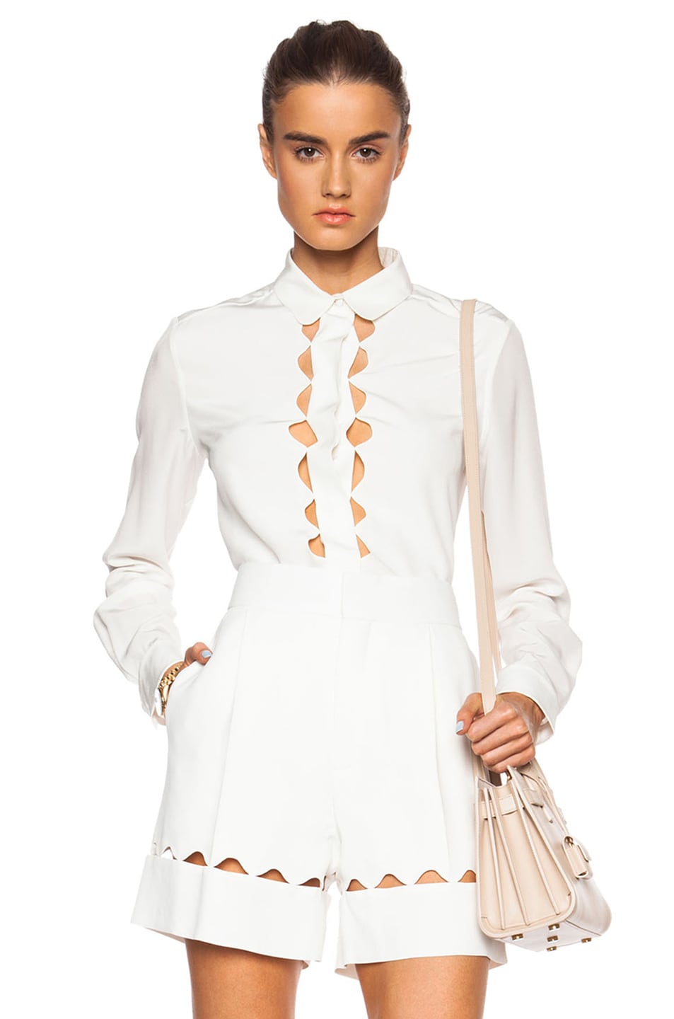 Image 1 of Chloe Cut Out Silk Crepe De Chine Blouse in Milk