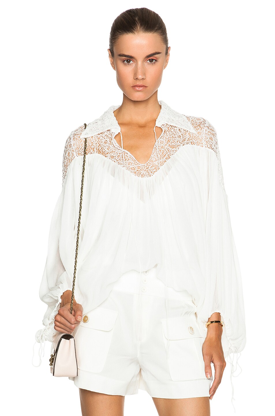 Image 1 of Chloe Silk Crepon Lace Top in Milk