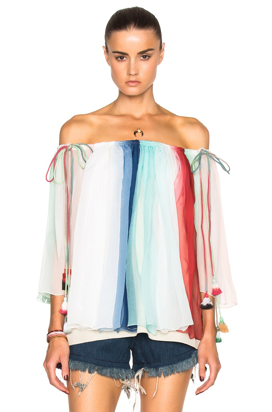 Image 1 of Chloe Rainbow Silk Crepon Blouse in Bordeaux & Turquoise