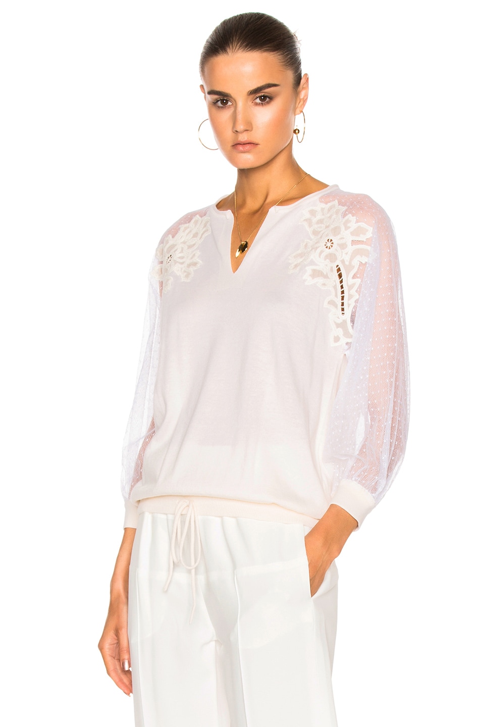 Image 1 of Chloe Embroidered Tulle Insert Blouse in Milk