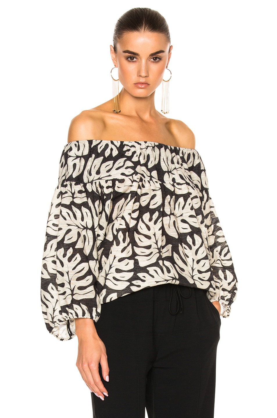 Image 1 of Chloe Linen Printed Blouse in Palm Leaves Print
