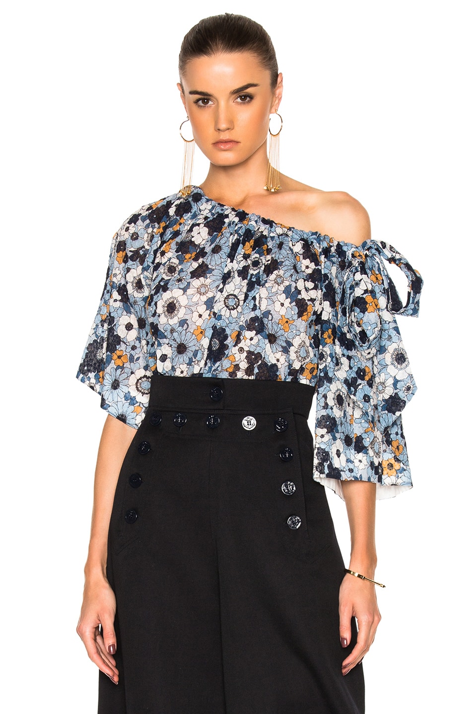 Image 1 of Chloe Small Flower Print Gaufre Blouse in Blue Multi
