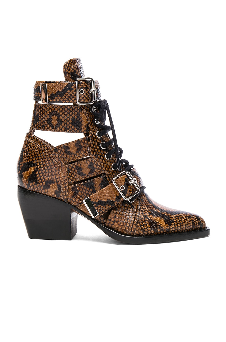 Chloe Rylee Python Print Leather Lace Up Buckle Boots in Light Tan | FWRD