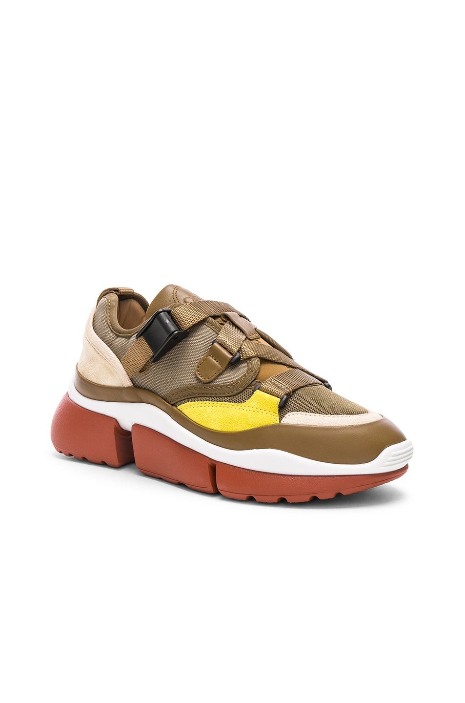 Chloe Sonnie Leather Velcro Strap Sneakers in Sooty Khaki | FWRD