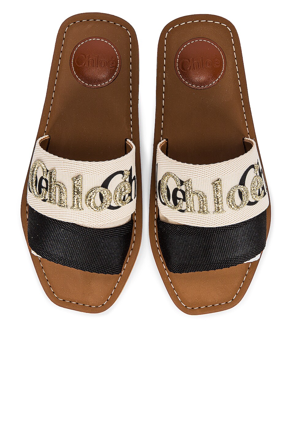 Image 1 of Chloe Woody Embroidered Canvas Slides in Black & White