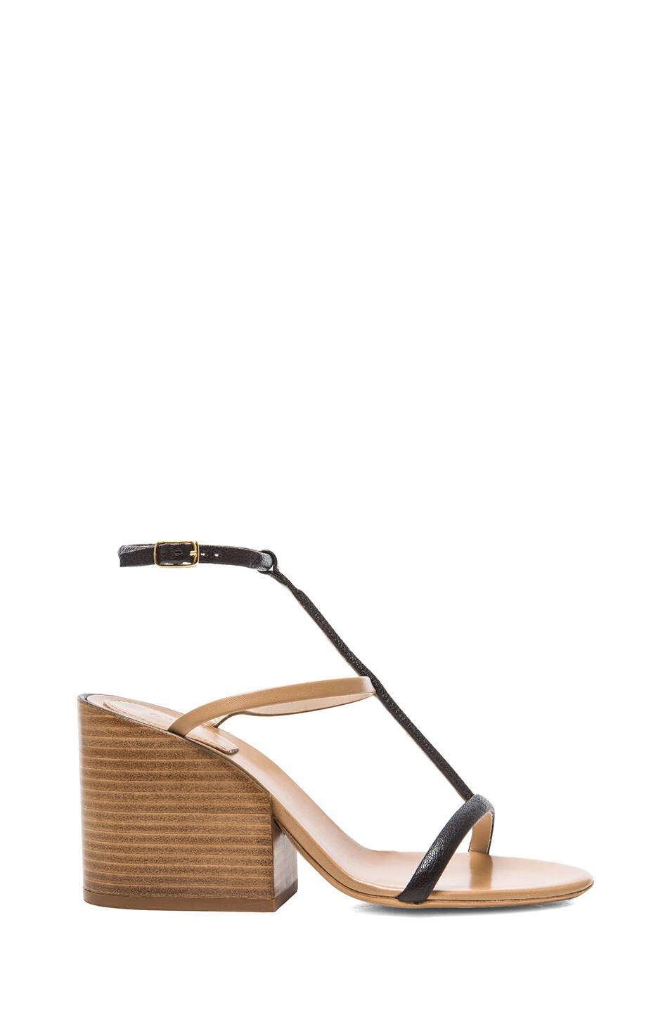 Image 1 of Chloe T-Strap Leather Sandals in Black & Tan