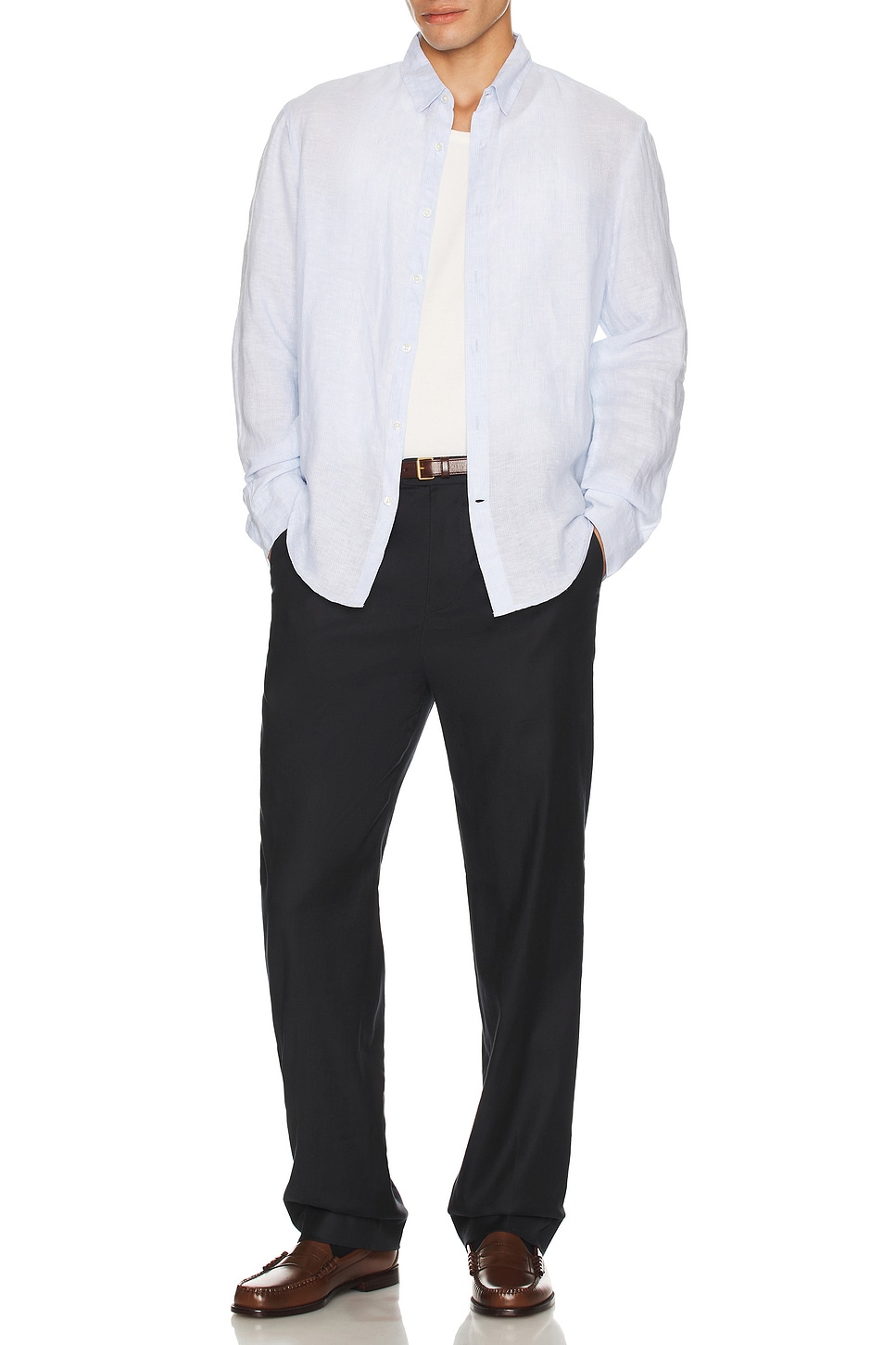 Image 1 of Club Monaco Slim Italian Linen Stripe Shirt in Light Blue Stripe