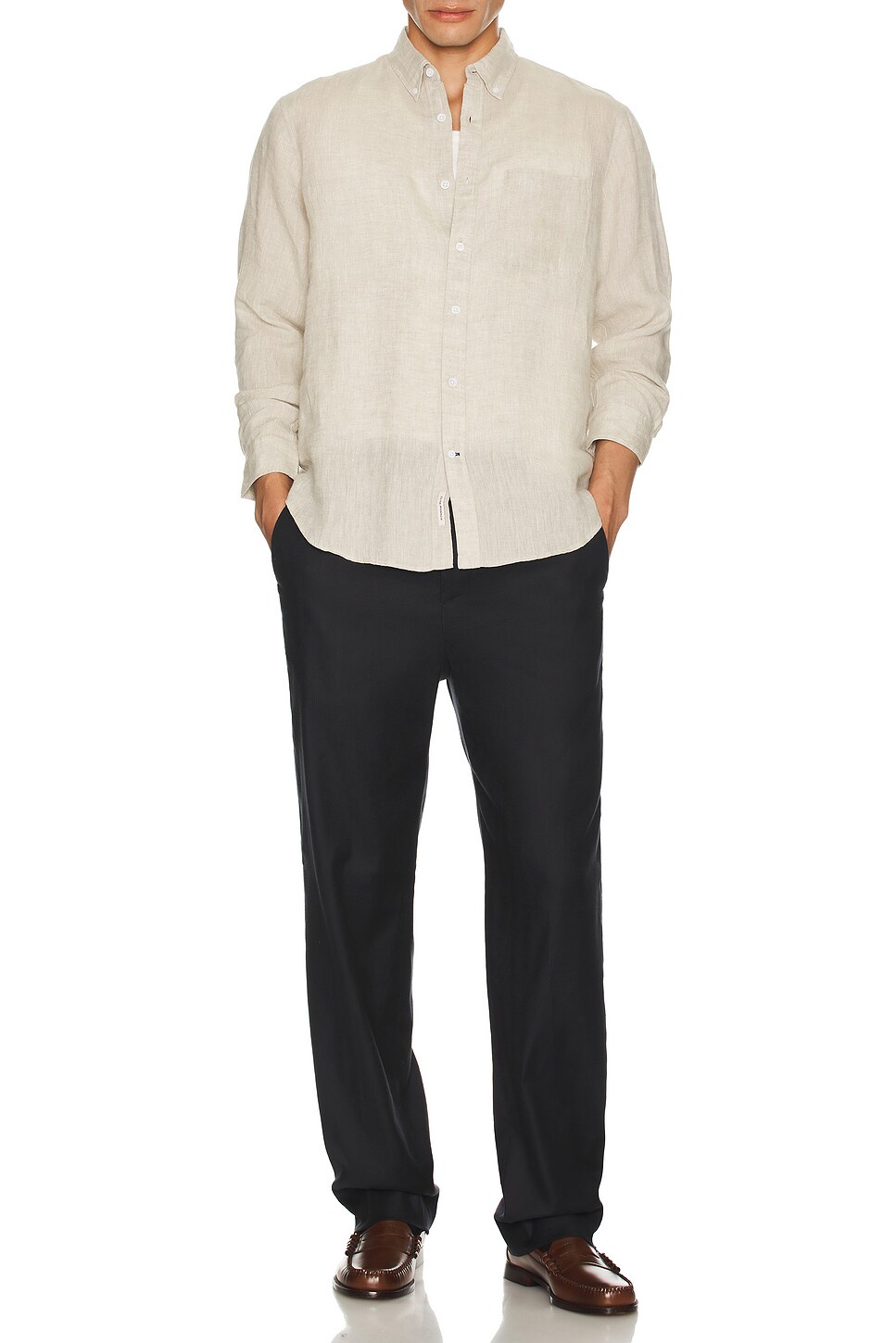 Image 1 of Club Monaco Long Sleeve Button Down Linen Shirt in Flax