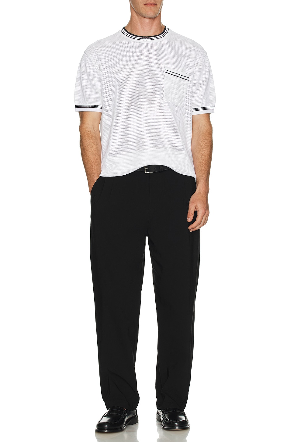 Image 1 of Club Monaco Open Stitch Tipped Knitted Shirt in Blanc De Blanc