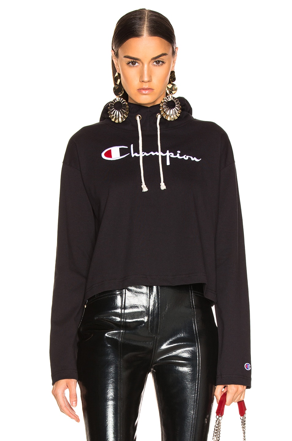 Image 1 of Champion Hooded Crop Top in Black