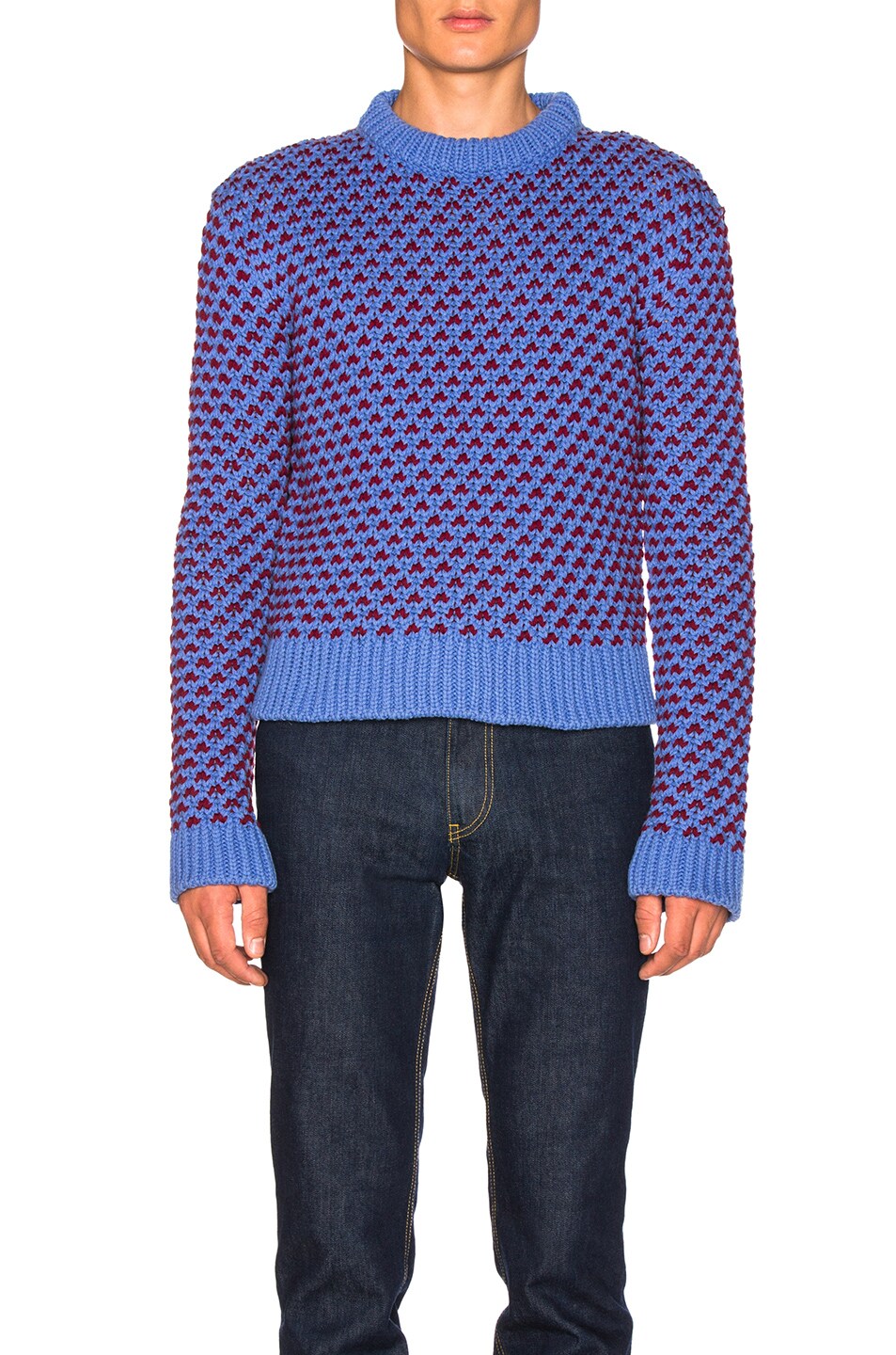 Image 1 of CALVIN KLEIN 205W39NYC Bi-Color Crew Neck Sweater in Burgundy & Steel Blue