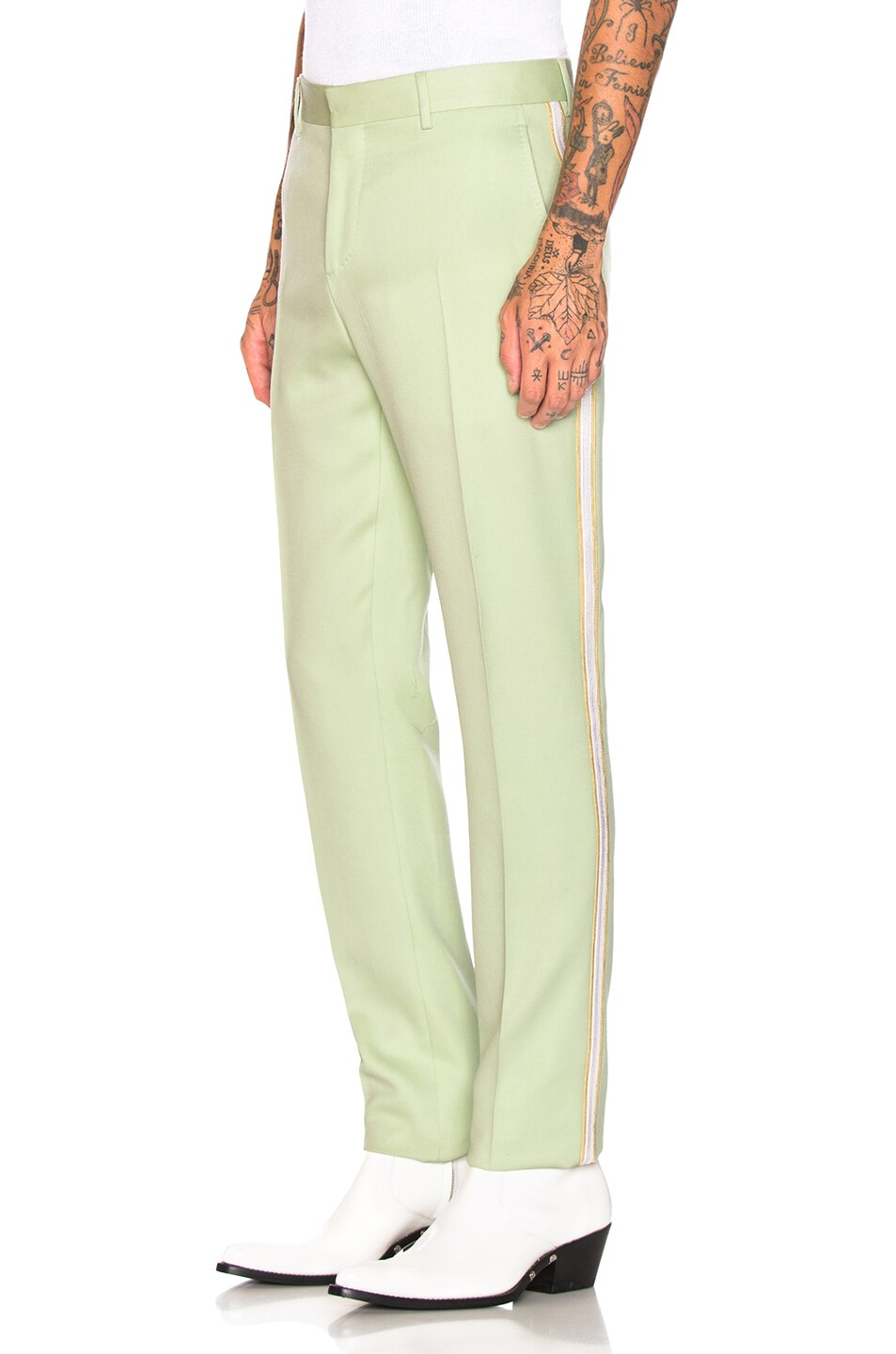 Image 1 of CALVIN KLEIN 205W39NYC Wool Twill Uniform Pant in Arcadian Green & Burgundy & Ecru