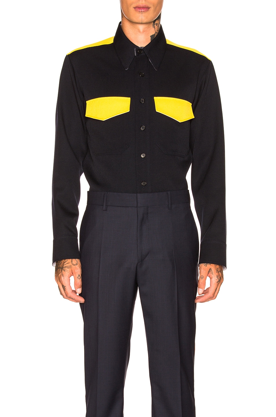 Image 1 of CALVIN KLEIN 205W39NYC Long Sleeve Shirt in Dark Navy & Yellow